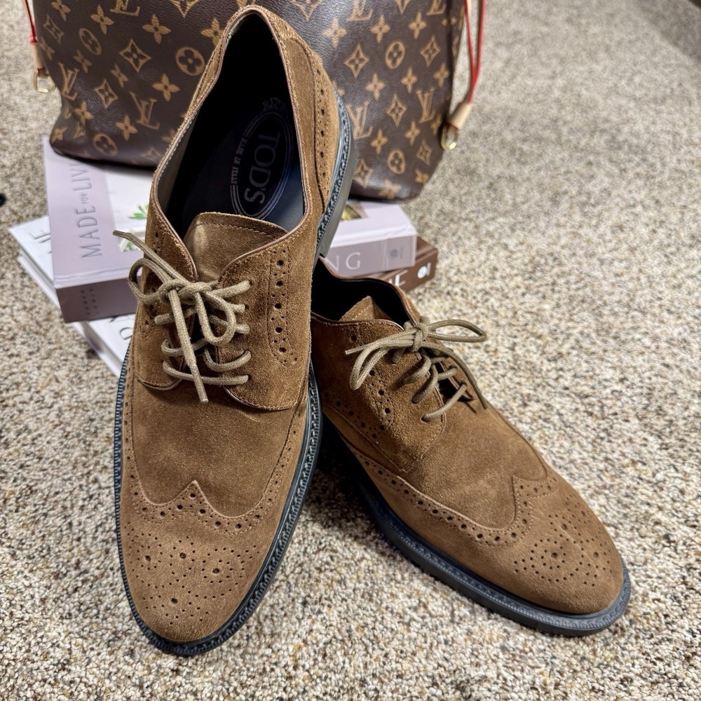 Tod's Men's Brown Suede Wingtip Brogue Oxfords Almond Toe Made in Italy Size 9